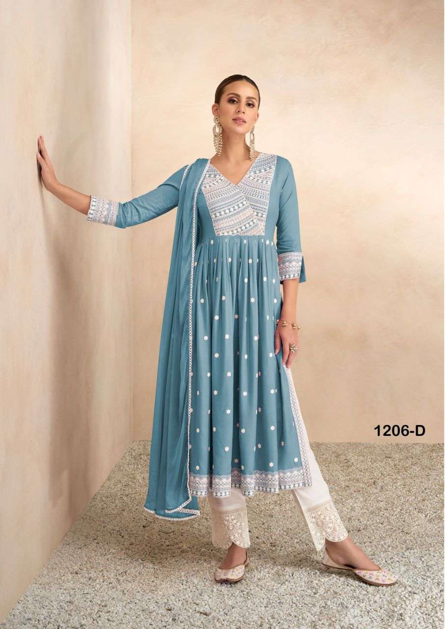 AADHIRA VOL 4 LIGHT COLOR  REYON VISCOS FRNT AND BACK LAKHNAWI WORK NAYRA CUT KURTI WITH COTTON PANT AND NAZMIN DUPATTA BY VAMIKA BRAND 1206 D